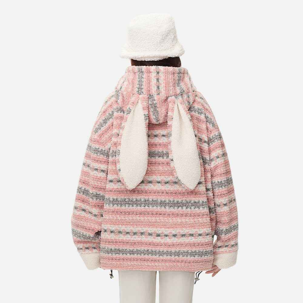Soft Striped Winter Cartoon Rabbit Hooded Sweatshirt
