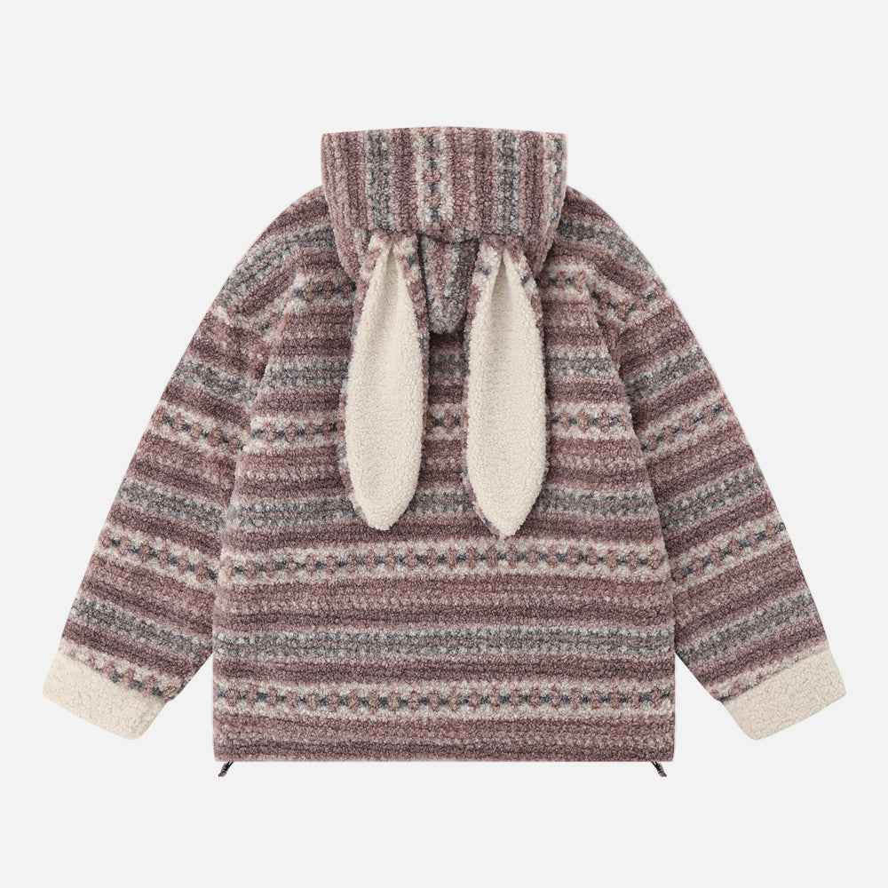 Soft Striped Winter Cartoon Rabbit Hooded Sweatshirt