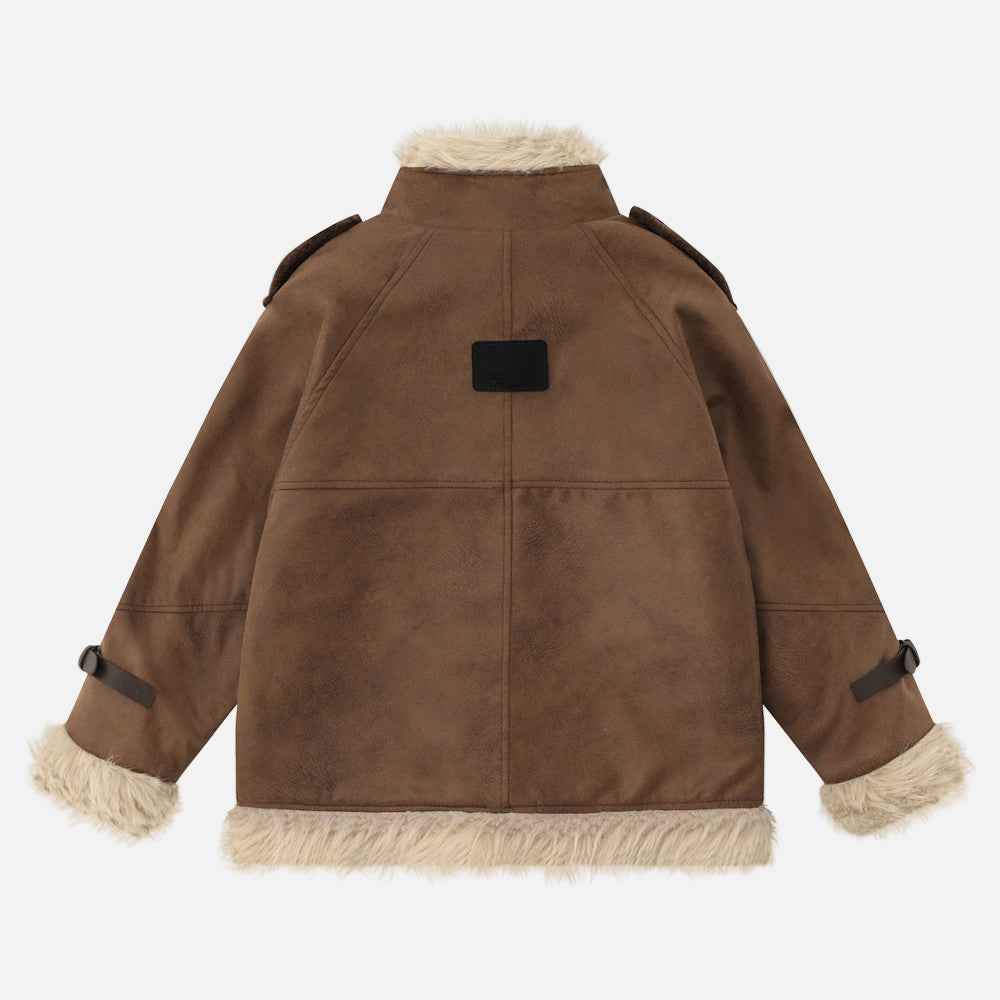 Winter Multi Pocket Thick High Neck Leather Jacket