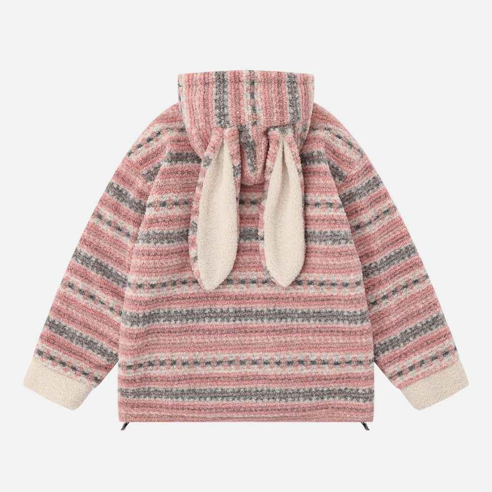 Soft Striped Winter Cartoon Rabbit Hooded Sweatshirt