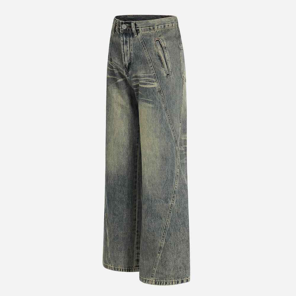 Fashionable Washed Distressed Denim Straight Leg Jeans