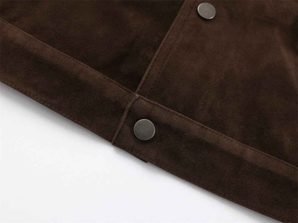 Stylish Multi Pocket Oversized Suede Stand Collar Jacket