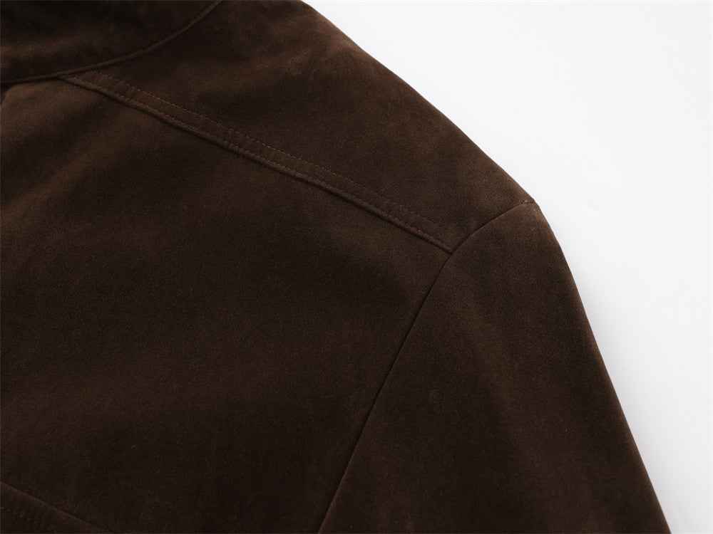 Stylish Multi Pocket Oversized Suede Stand Collar Jacket