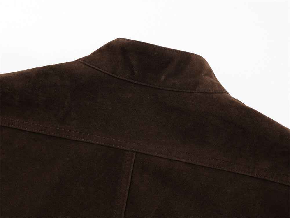 Stylish Multi Pocket Oversized Suede Stand Collar Jacket