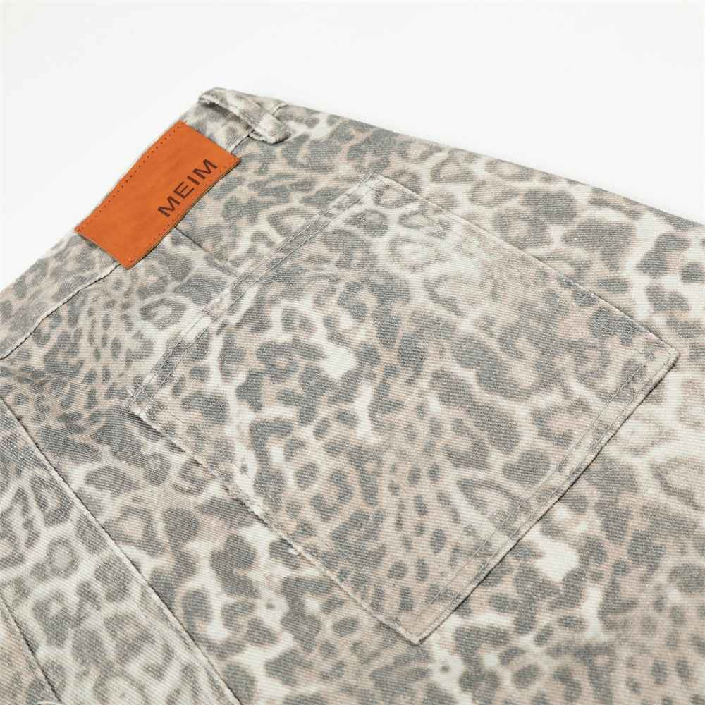 Vintage Punk Leopard Print Cargo Denim Jeans