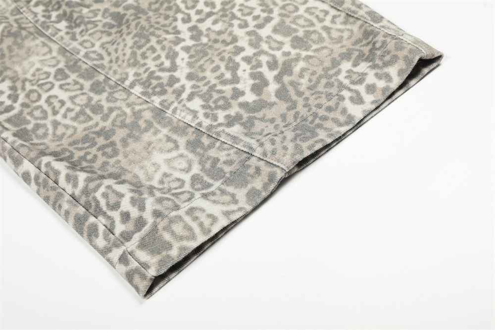 Vintage Punk Leopard Print Cargo Denim Jeans