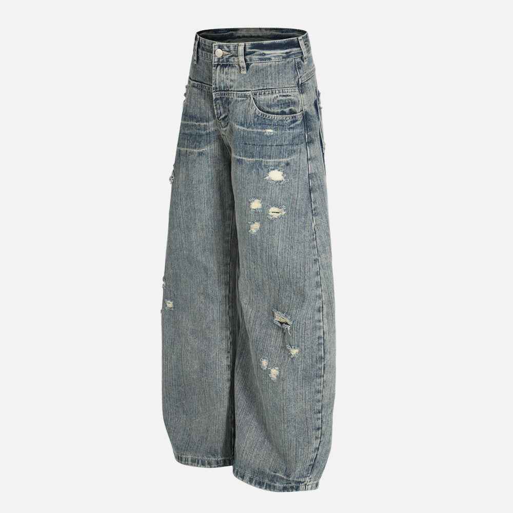 Streetwear Punk Distressed Washed Denim Wide Leg Jeans