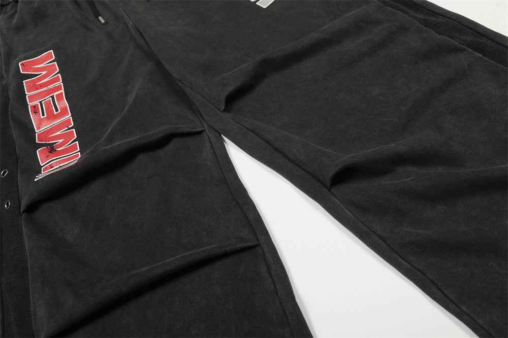 Vintage Letter Print Distressed Loose Wide-Leg Sweatpants