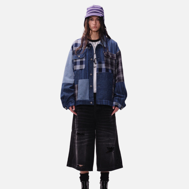 Streetwear Artisan Blend Checkered Denim Jacket - Luxuryurbanwear