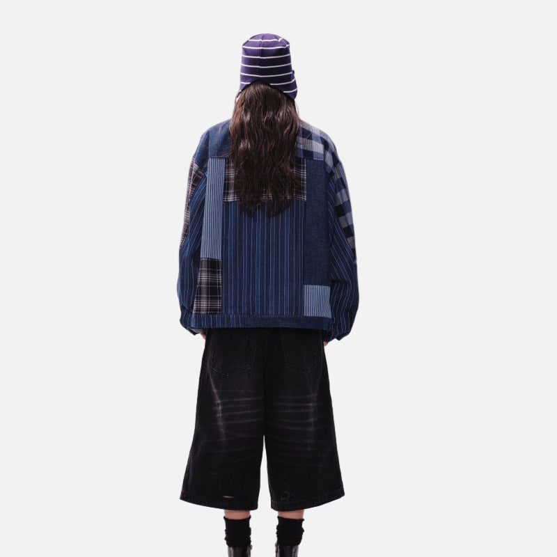 Streetwear Artisan Blend Checkered Denim Jacket - Luxuryurbanwear