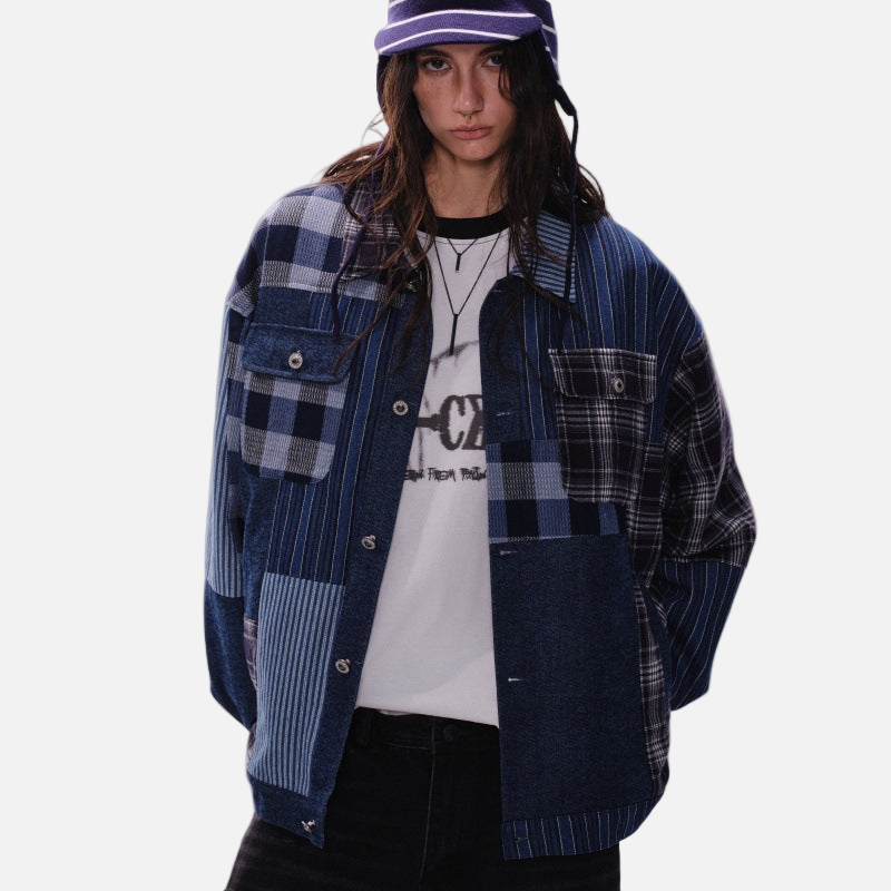 Streetwear Artisan Blend Checkered Denim Jacket