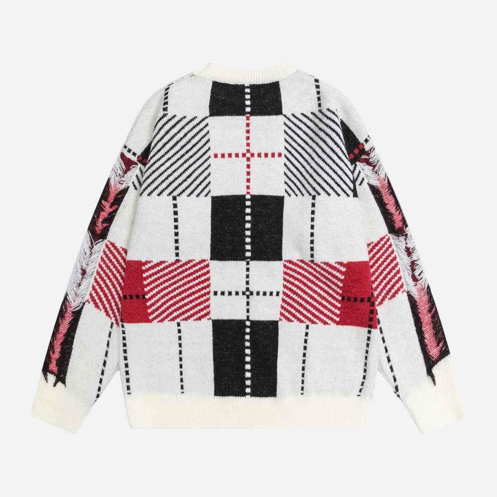 Retro Colorful Jacquard Tassel Crewneck Sweater