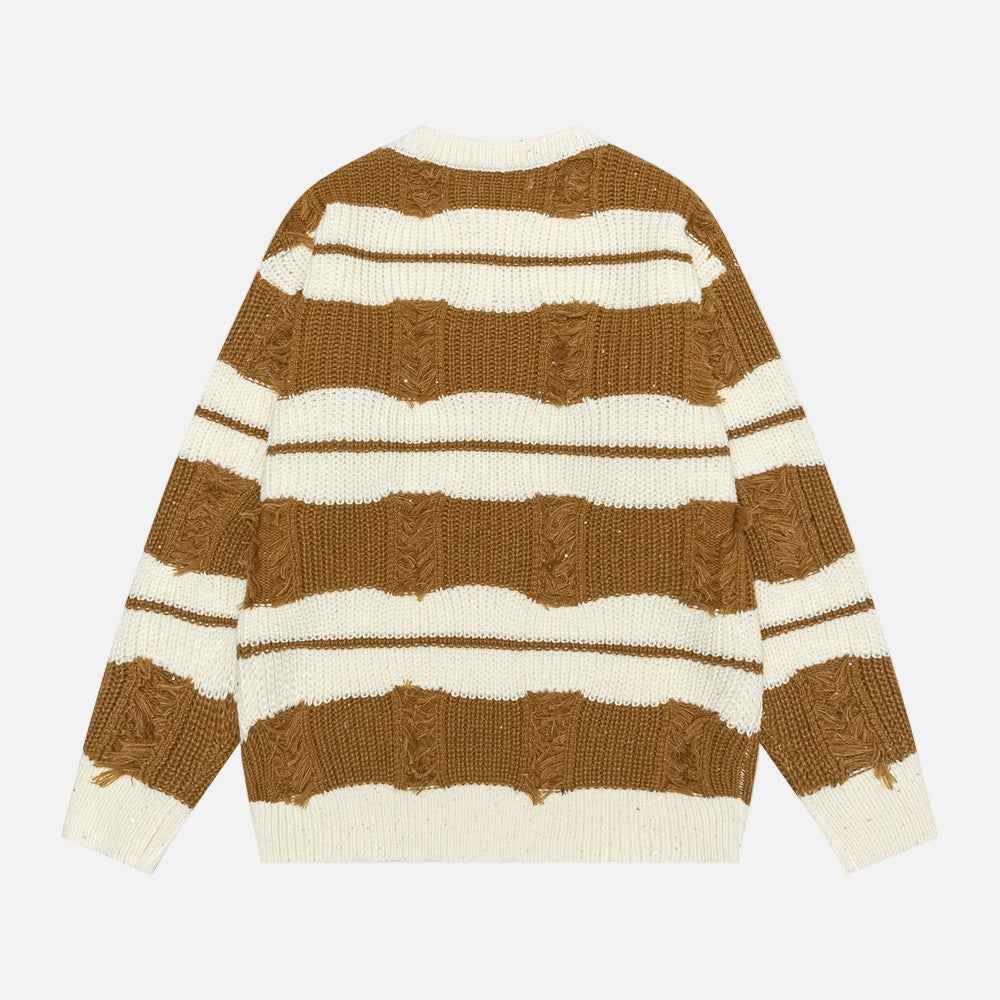 Contrast Color Stripe Ripped Crochet Crewneck Sweater