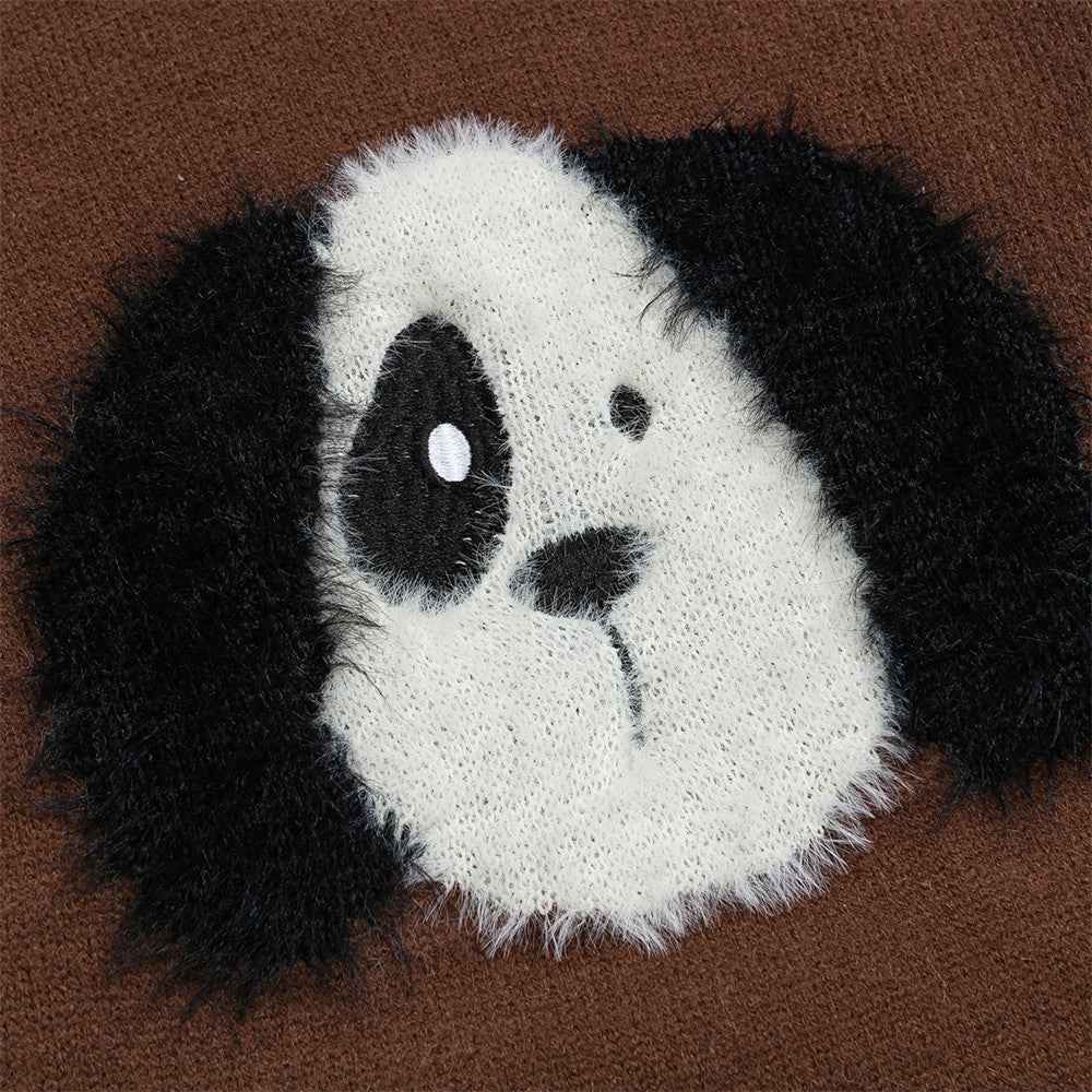 Embroidered Cute Puppy Round Neck Sweater