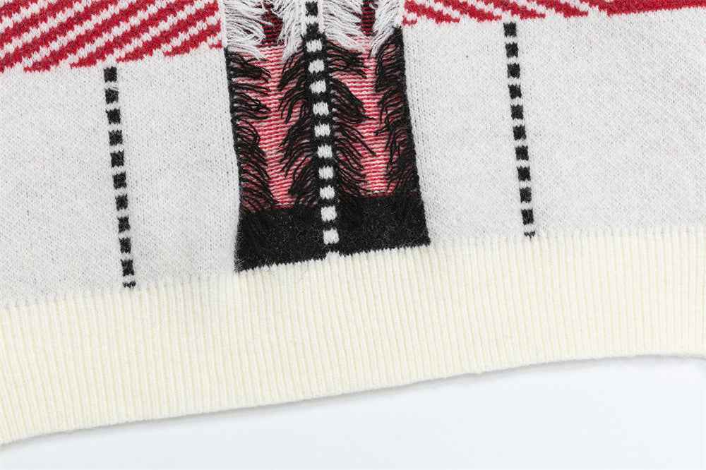 Retro Colorful Jacquard Tassel Crewneck Sweater
