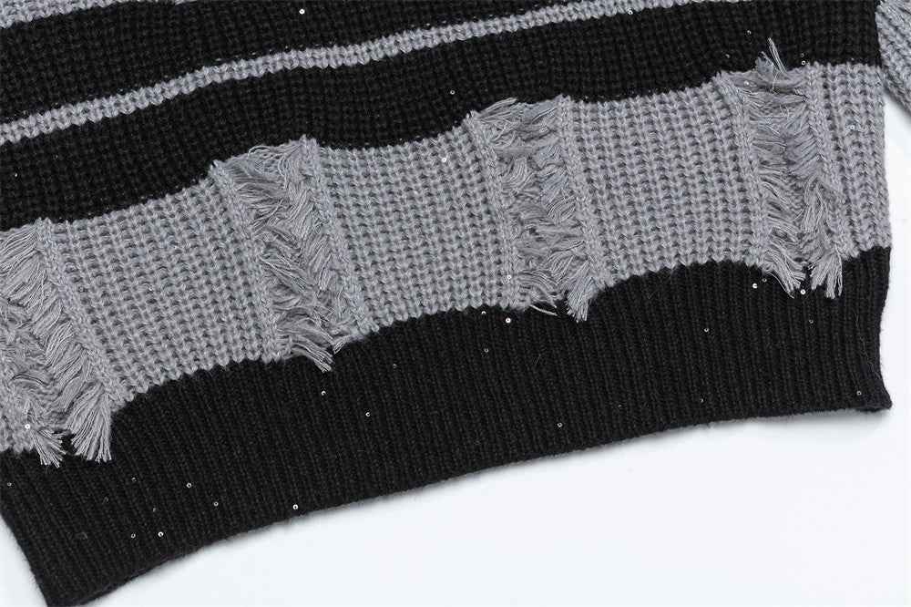Contrast Color Stripe Ripped Crochet Crewneck Sweater