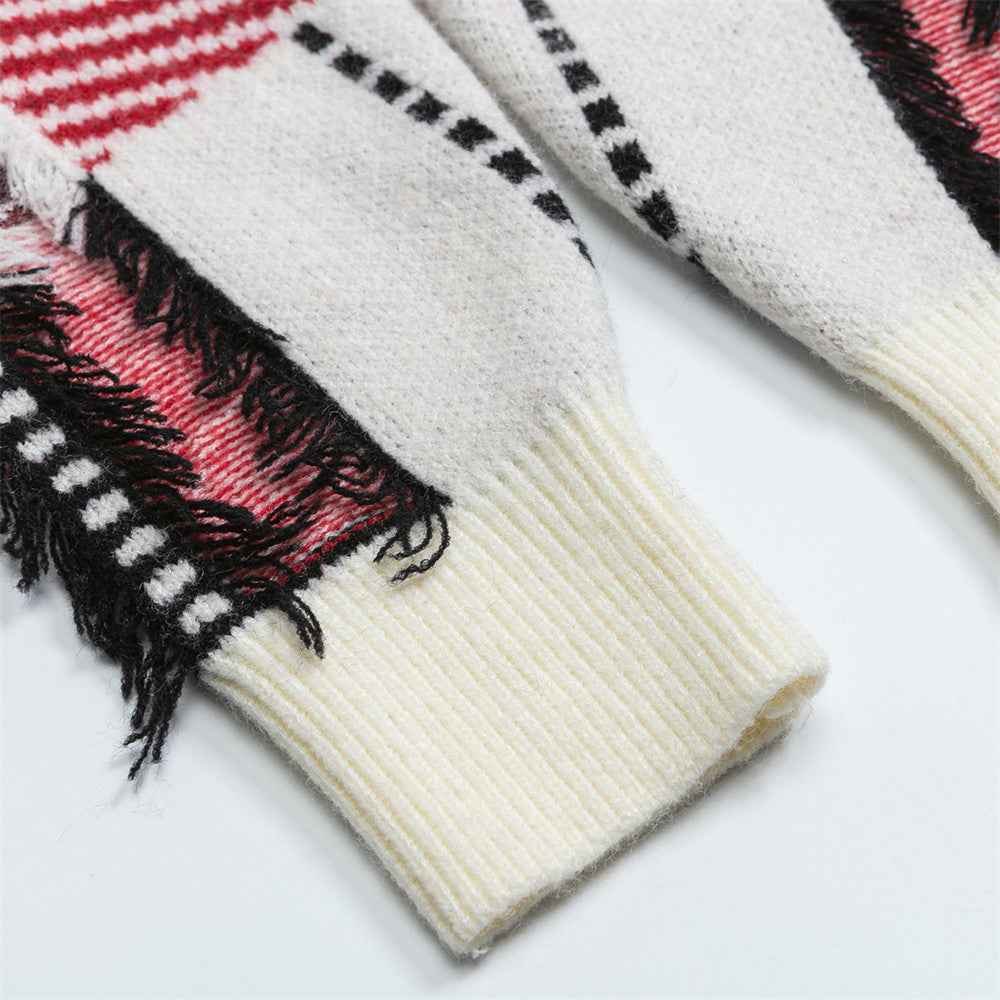 Retro Colorful Jacquard Tassel Crewneck Sweater