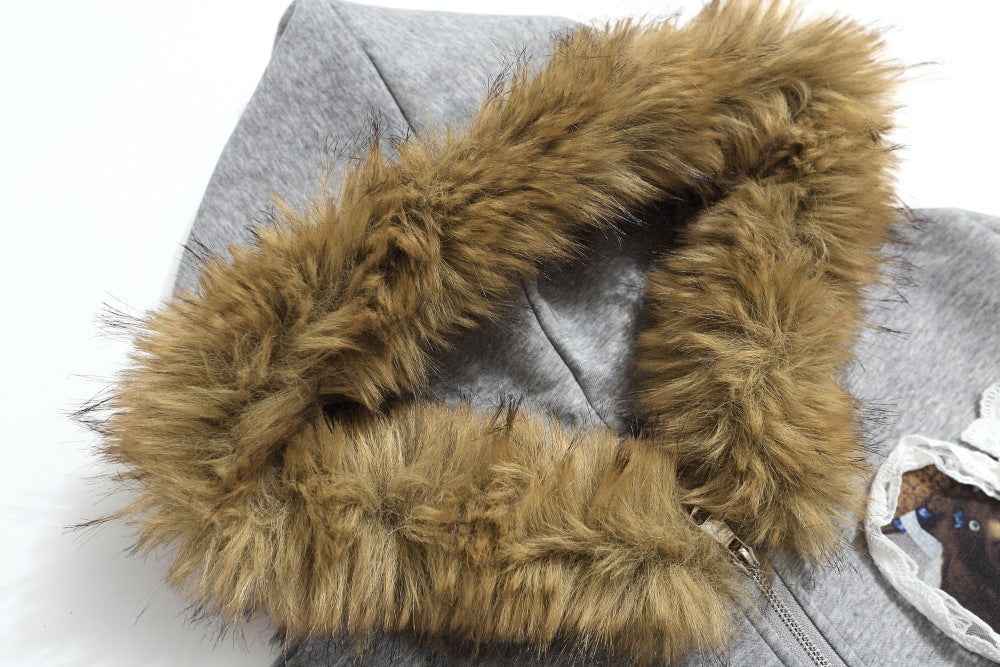 Heart Shaped Zipper Faux Furr Hooded Sweatshirt