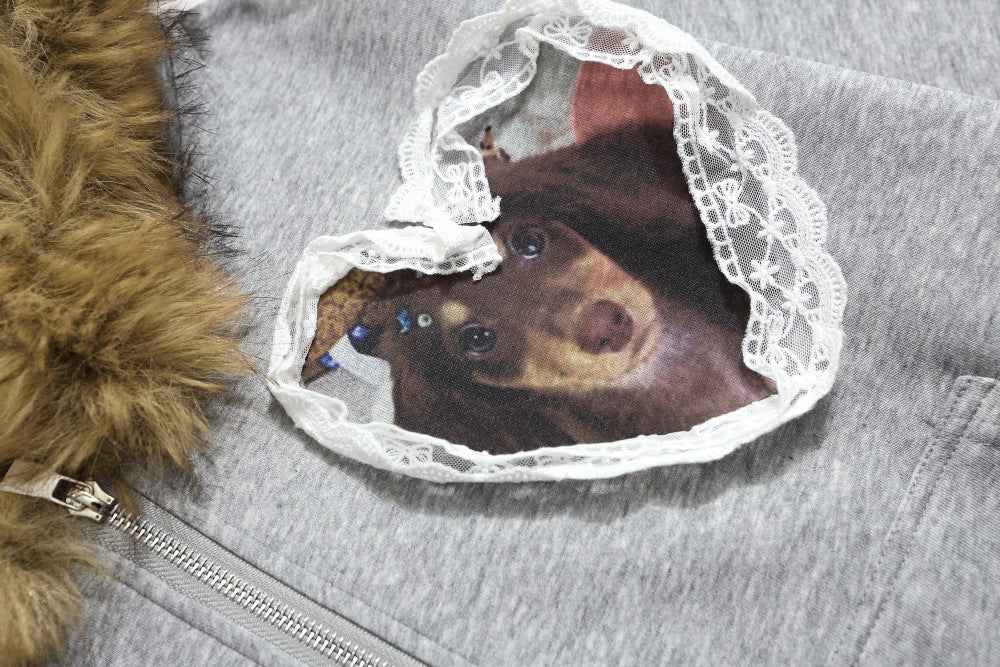 Heart Shaped Zipper Faux Furr Hooded Sweatshirt