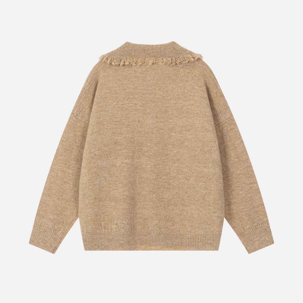 European Style Stand Collar Tassel Lap Polo Sweater