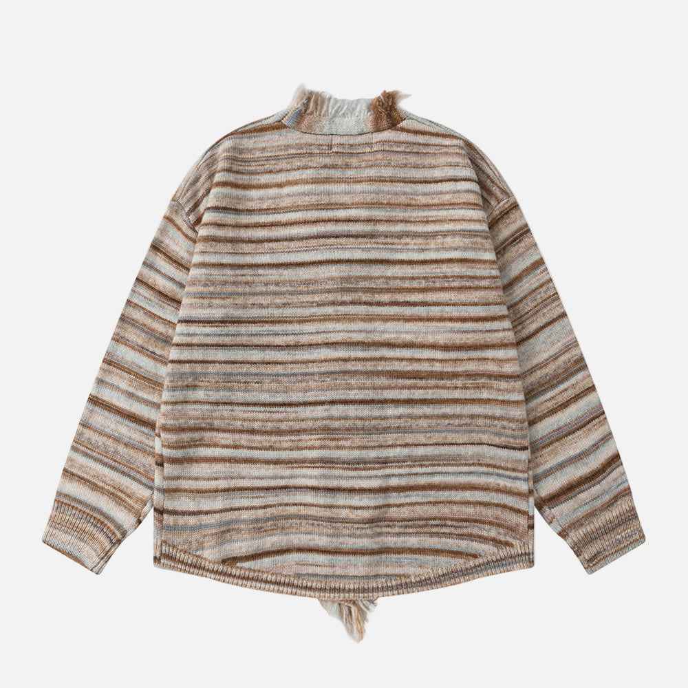 Cozy Striped Ripped Tassel V-Neck Cardigan