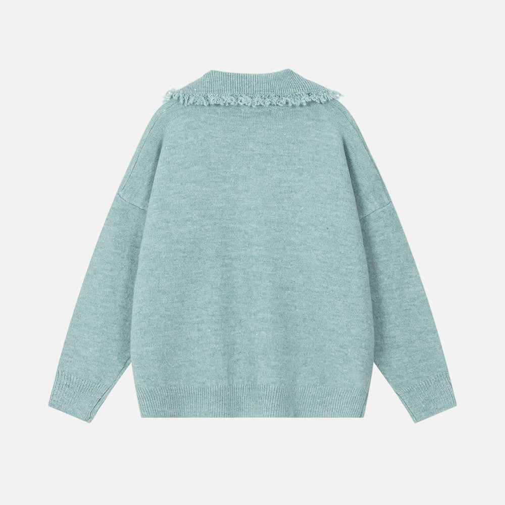 European Style Stand Collar Tassel Lap Polo Sweater