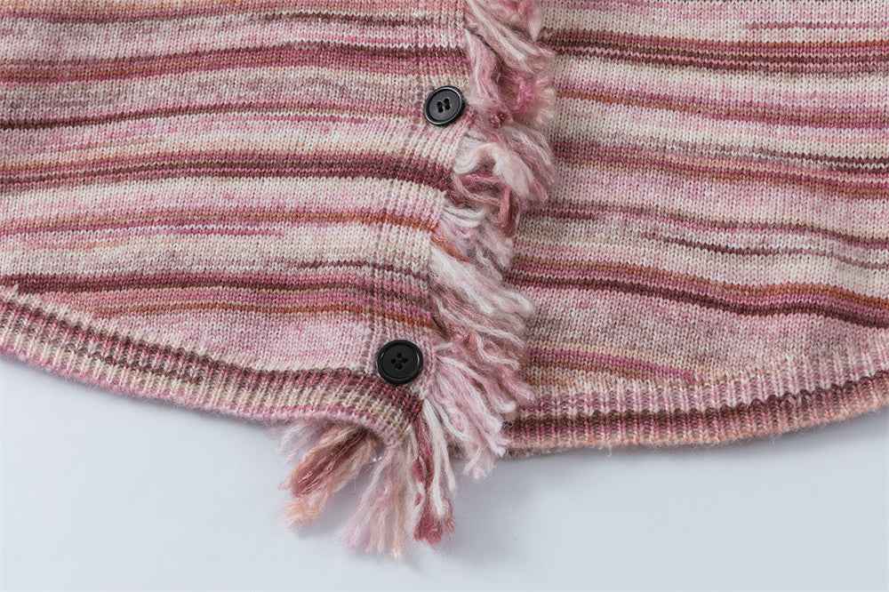 Cozy Striped Ripped Tassel V-Neck Cardigan