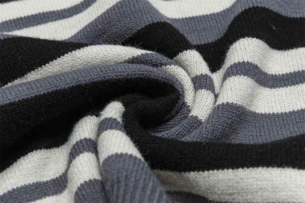 Striped Fringed Turtleneck Button Sweater