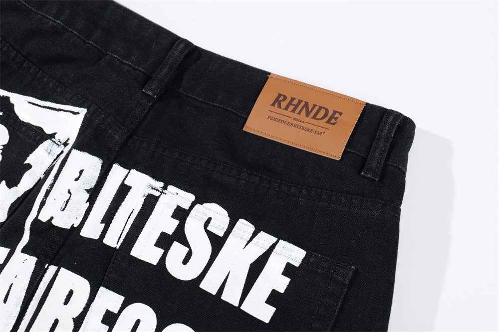 Vintage Style Letter Print Washed Denim Jeans