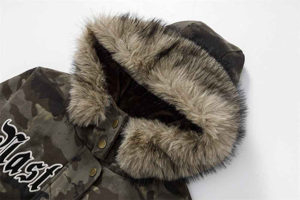 Camouflage Lined Cashmere Faux Furr Hooded Jacket
