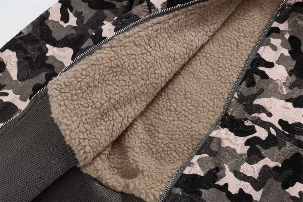 Chic Retro Camouflage Faux Furr Hooded Jacket