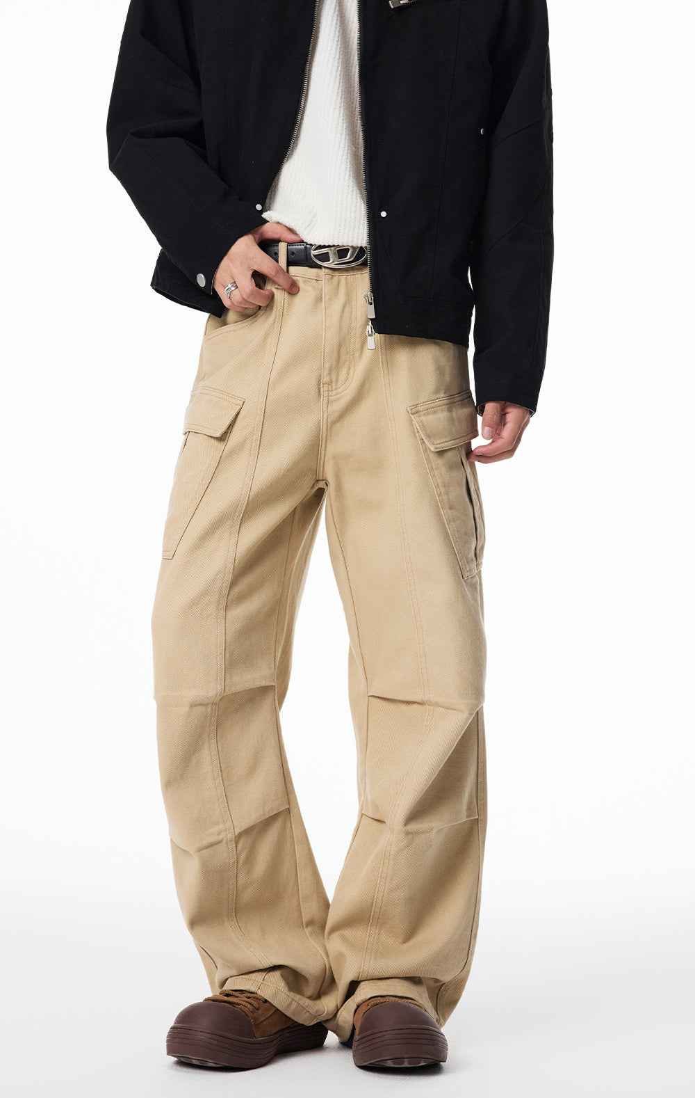 American Style Straight Leg Pleated Cargo Jeans