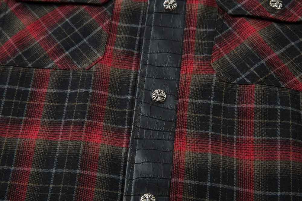 Plaid Single Breasted PU Leather Long Sleeved Shirt