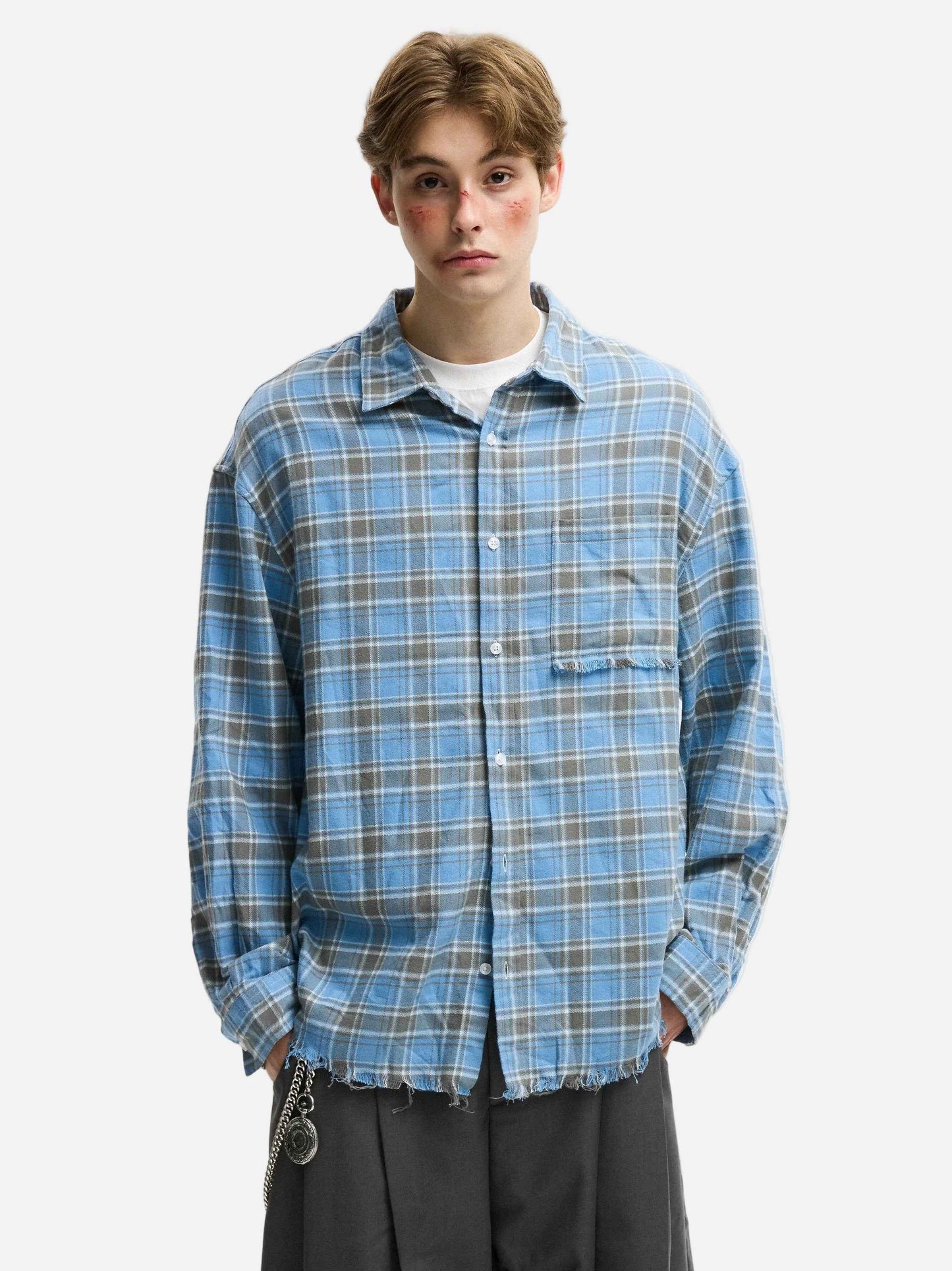 Rouge Plaid Cotton Frayed Long Sleeve Shirt