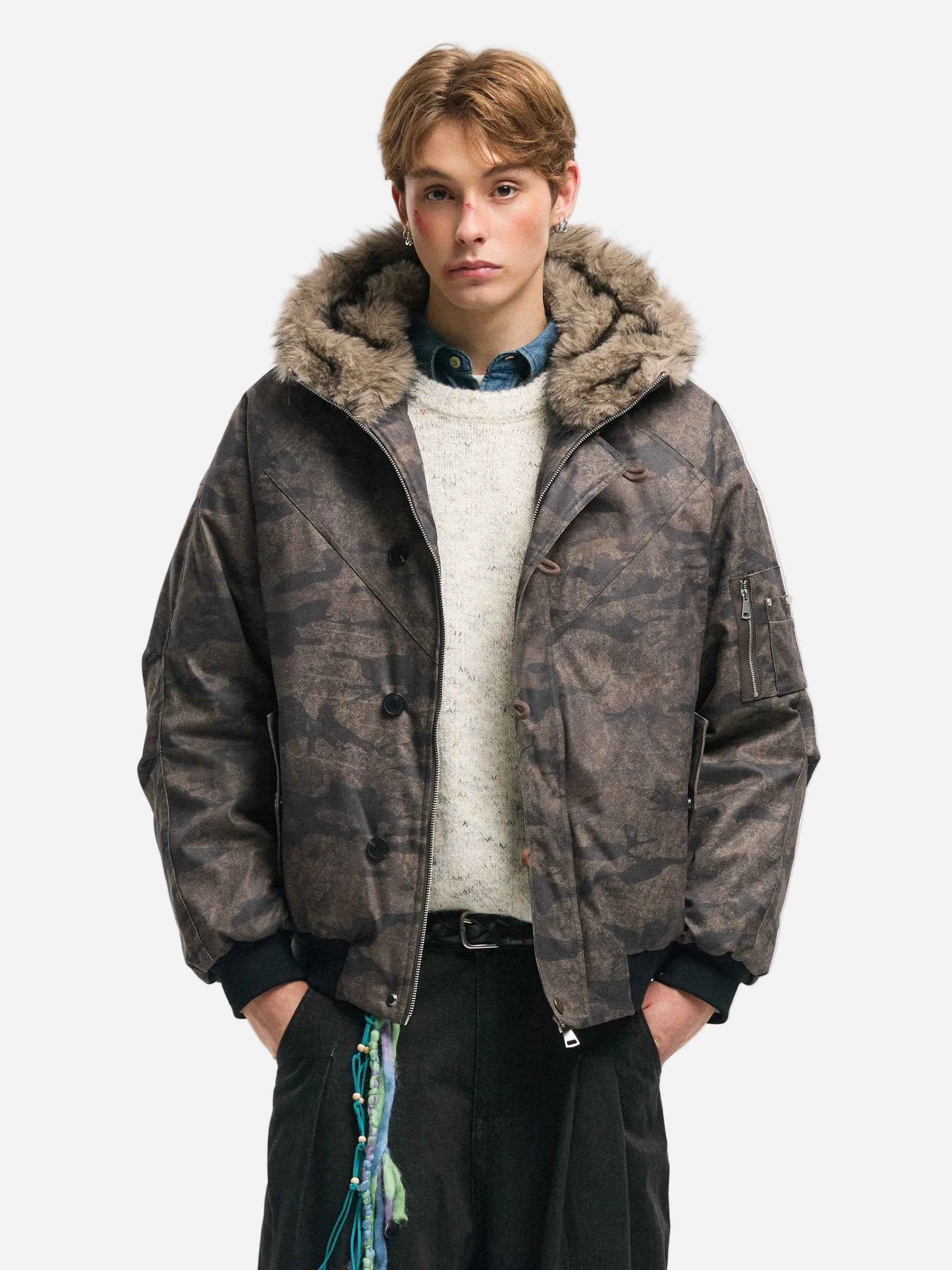 Warm Camouflage Fur Collar Hooded Puffer Jacket
