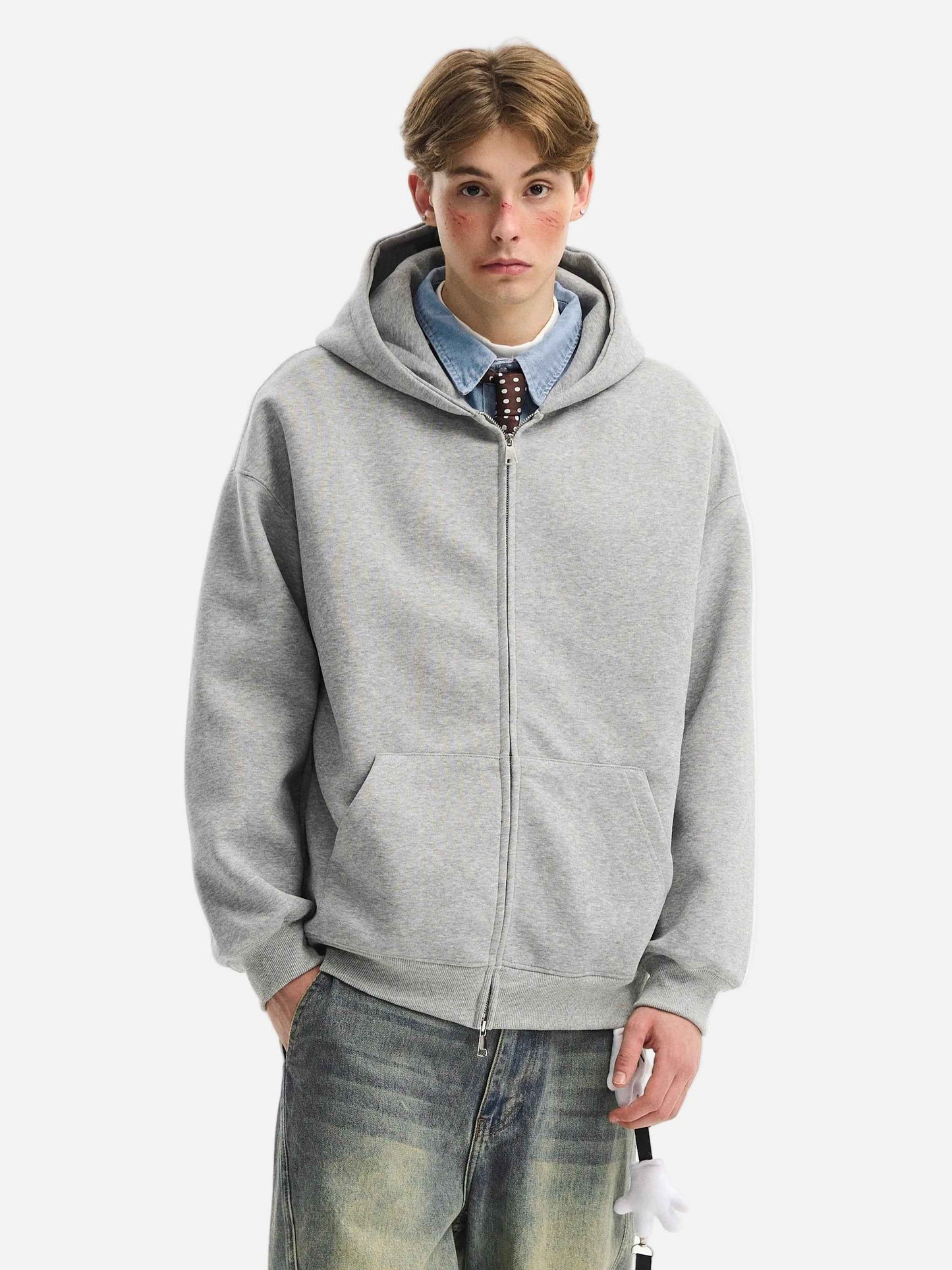 Retro Heavy Solid Color Hooded Double Zipper Sweatshirt
