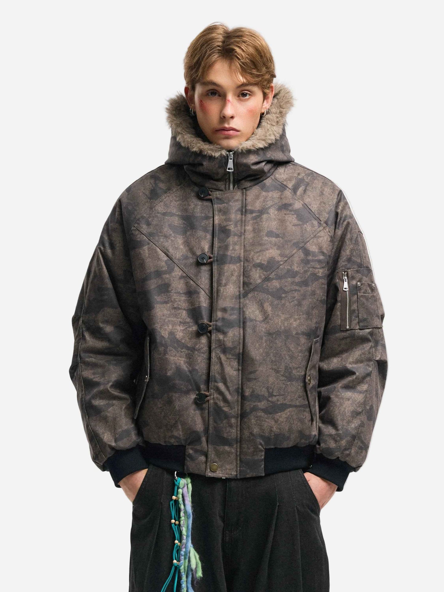 Warm Camouflage Fur Collar Hooded Puffer Jacket