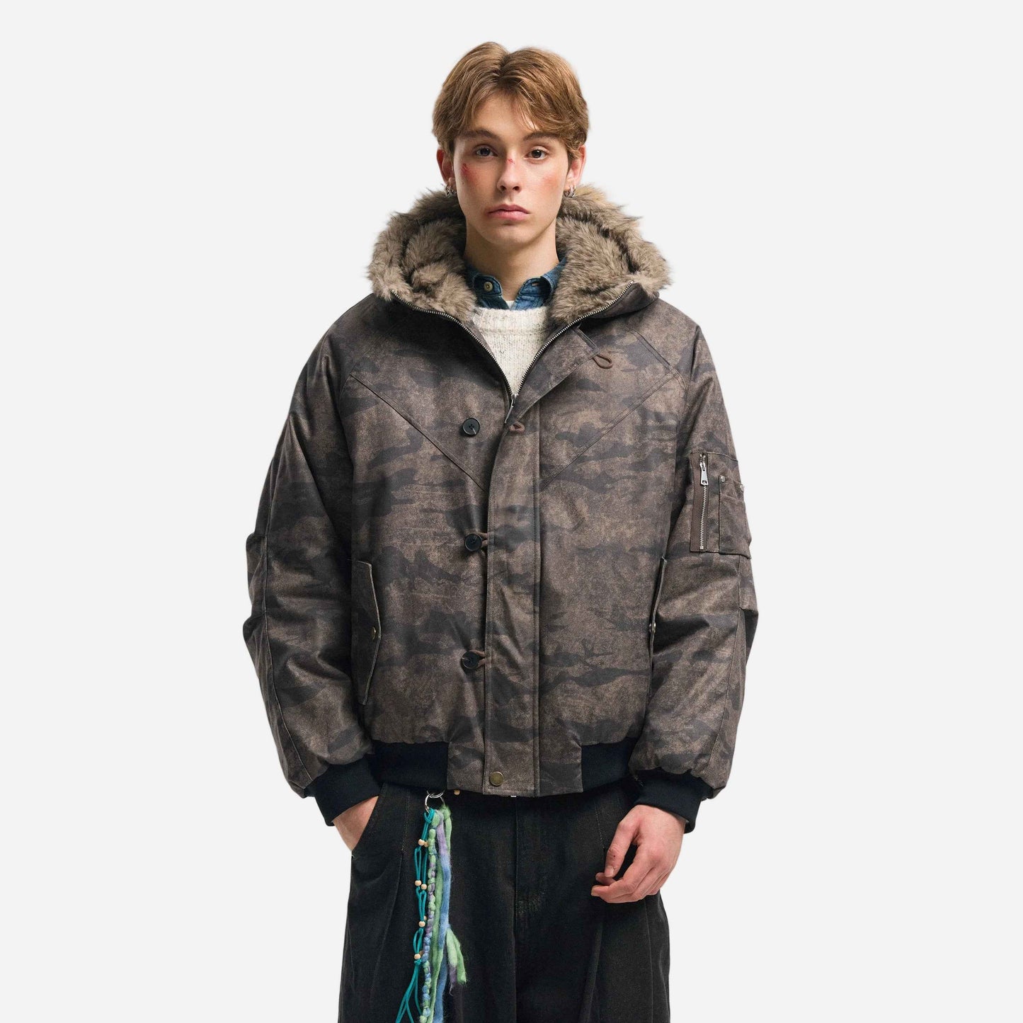 Warm Camouflage Fur Collar Hooded Puffer Jacket