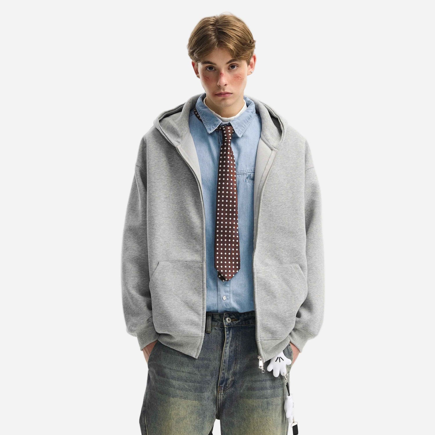 Retro Heavy Solid Color Hooded Double Zipper Sweatshirt