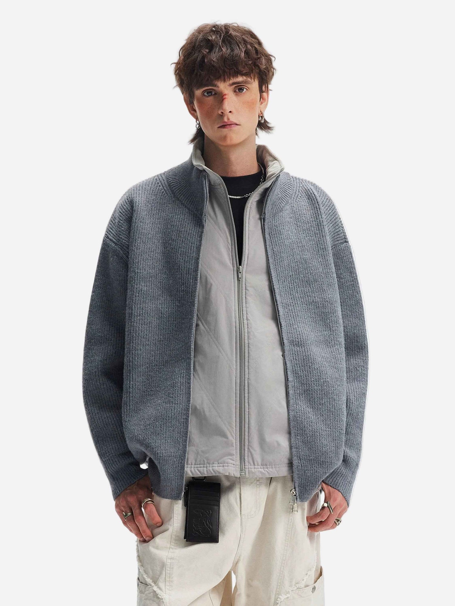 American Style Vertical Collar Double Zipper Knitwear Cardigan