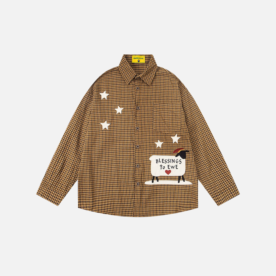 Plaid Sheep Embroidered Hip Hop Long Sleeve Shirt - Luxuryurbanwear