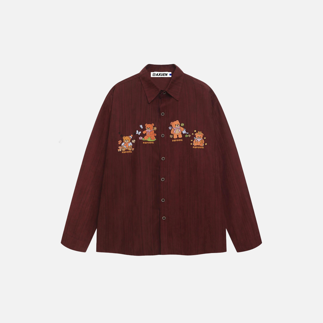 Whimsical Bear Embroidered Striped Long Sleeve Shirt - Luxuryurbanwear