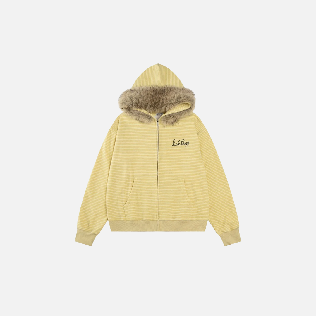 Cozy Striped Fleece Faux Fur Hooded Sweatshirt - Luxuryurbanwear