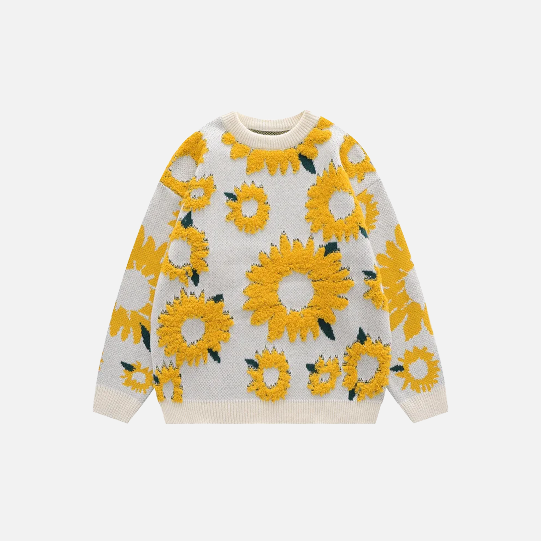 Sunflower Pattern Textured Knit Sweater - Luxuryurbanwear
