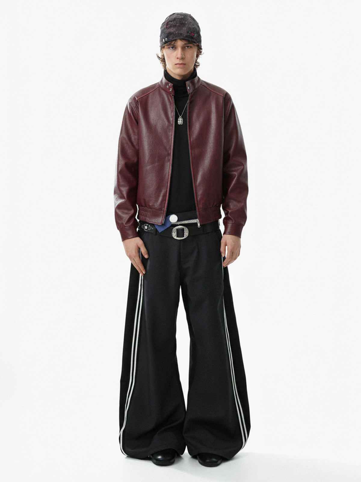 Retro Leather Stand-Collar Elastic Hem Jacket