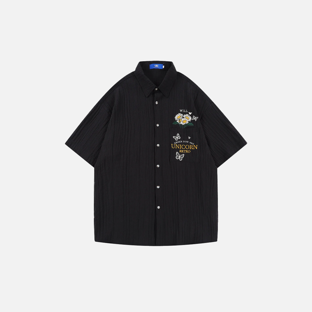 Embroidered Butterfly Button-Up Short Sleeve Shirt - Luxuryurbanwear