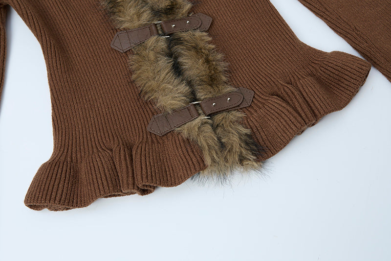 Buckled Fur | Knit Cardigan with Faux Trim - Luxuryurbanwear