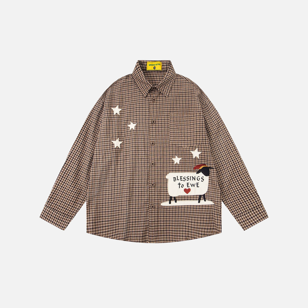 Plaid Sheep Embroidered Hip Hop Long Sleeve Shirt - Luxuryurbanwear