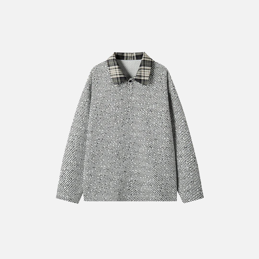 Retro Checkered Turn Down Collar Striped Sweatshirt - Luxuryurbanwear