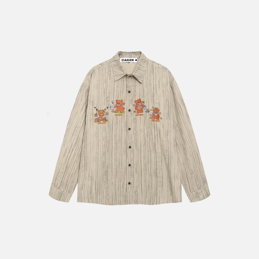 Whimsical Bear Embroidered Striped Long Sleeve Shirt - Luxuryurbanwear